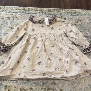 Floral Cream Kids Dress with Purple Accents